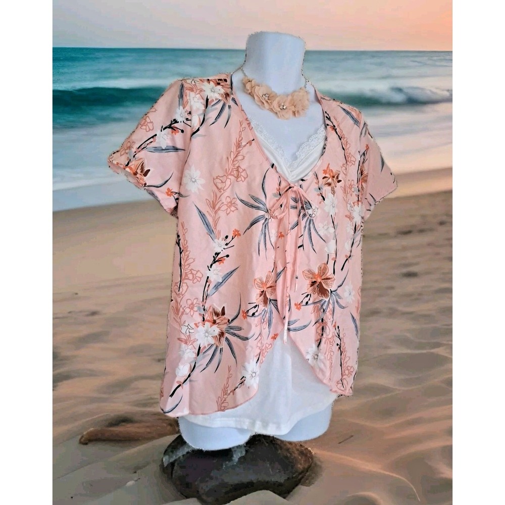 Just‎ Fashion Now Popover Top XL Peach Floral Art Two-Fer Short Sleeve Tie Front